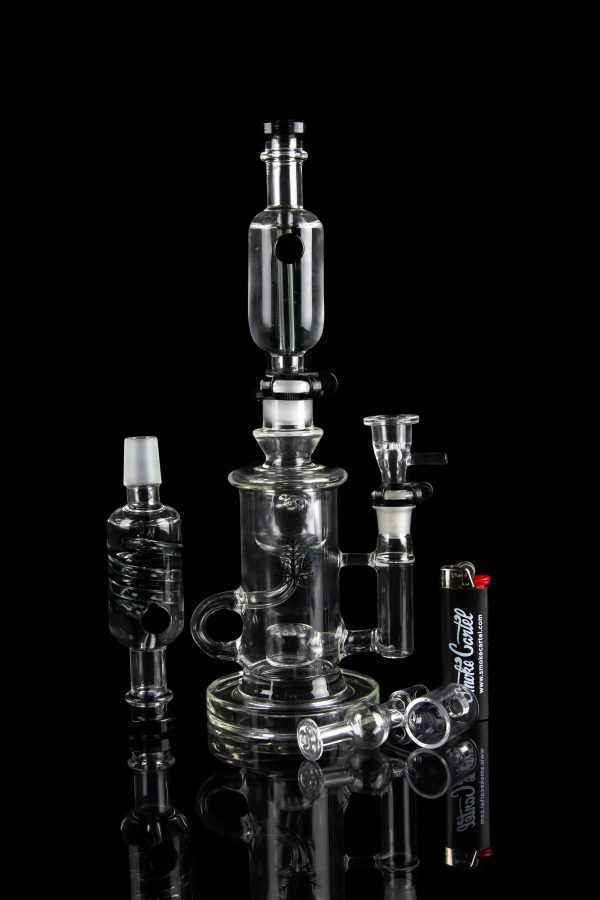 Clear glass water pipe (rig) with multiple chambers and percolators, studio shot.