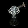 Glass mushroom-shaped dab rig with white polka dots, isolated on black.