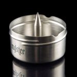 Silver cannabis concentrate water pipe (rig) with etched branding.