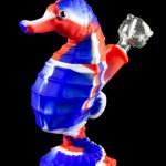 Front view of the Premium Silicone Seahorse Molded Water Pipe, showcasing its sculpted, ocean-blue design against a black background.