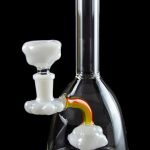 Clear glass water pipe (bong) with a white percolator and bowl, isolated on black.