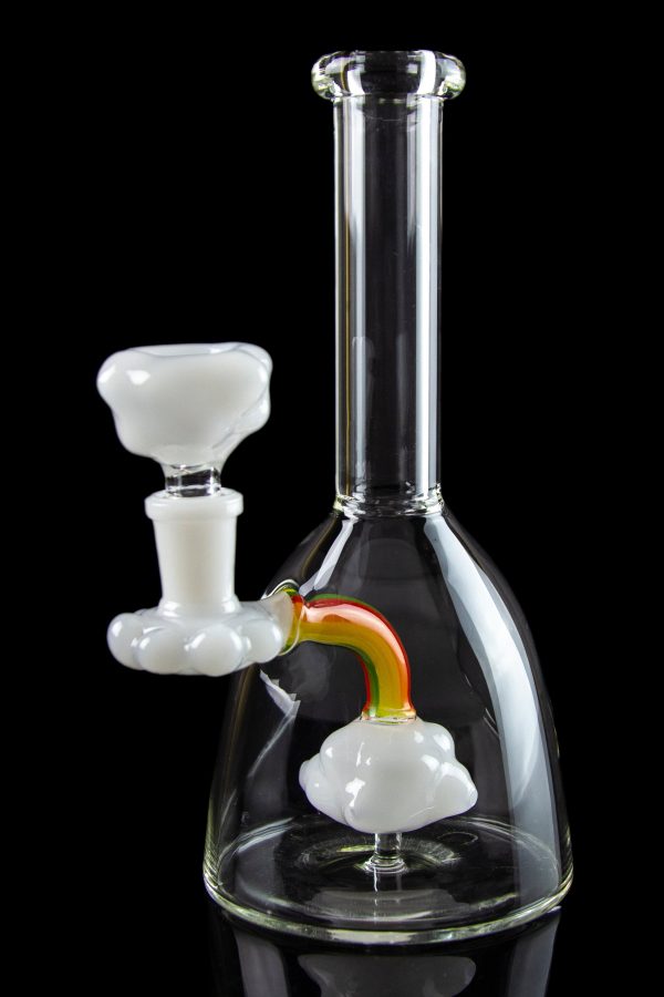 Clear glass water pipe (bong) with a white percolator and bowl, isolated on black.