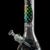 Glass bong with colorful geometric and floral designs, isolated on black.
