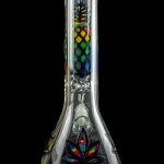 Glass water pipe (bong) with colorful floral design against a black background.