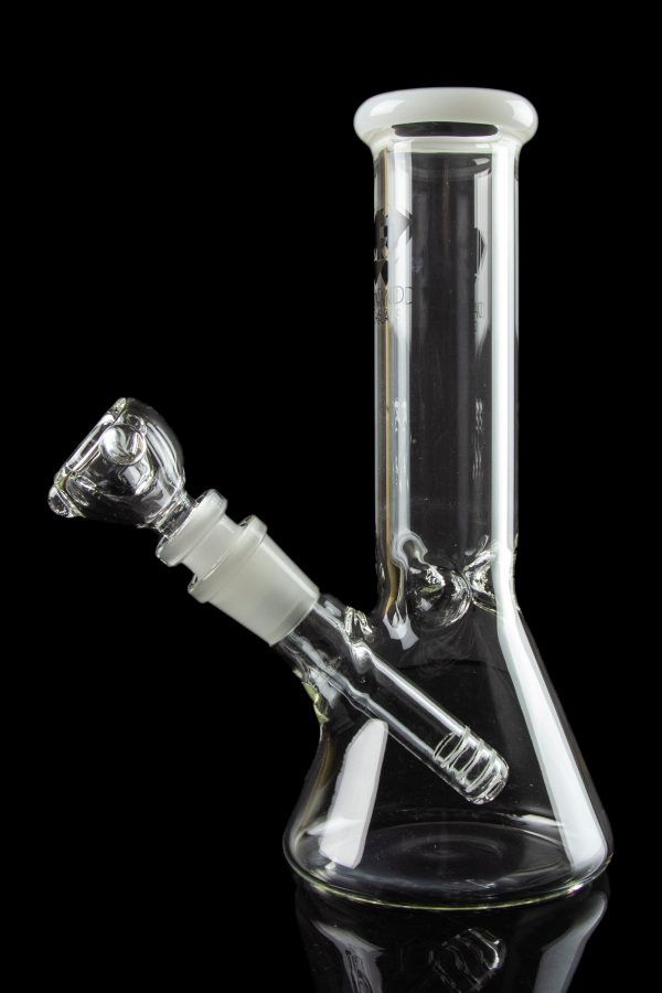 Front view of the Diamond Glass 8" Classic Beaker Bong, with clear glass and a simple, classic design reflected on a dark surface.