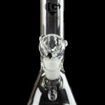 Clear glass bong with intricate bubble detailing and "Diamond Glass" logo, reflecting on a black surface.