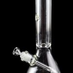 Clear glass bong with a flared base and ice catcher, isolated on black.
