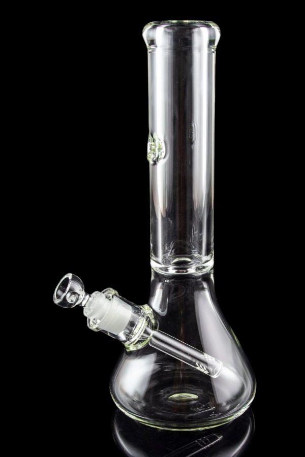 Clear glass bong with a flared base and ice catcher, isolated on black.