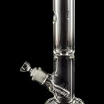 Clear glass water pipe (bong) with ice catcher and angled downstem against a black background.