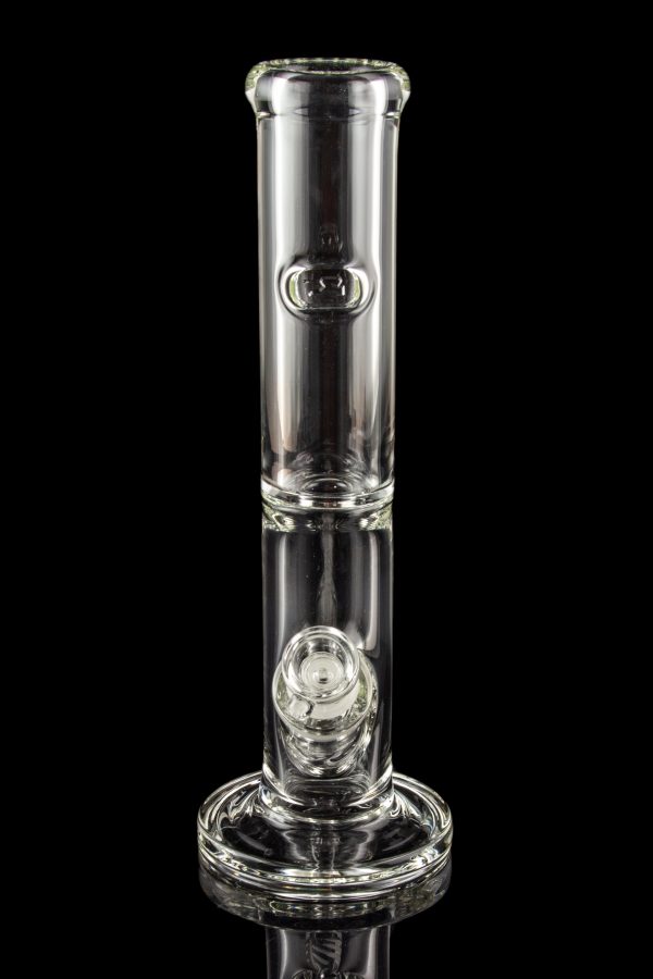 Clear glass bubbler water pipe with ice catch and detachable diffuser downstem.