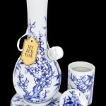 Blue and white porcelain cannabis water pipe ("bubbler") with matching storage jar, tagged "My Bud Vase."