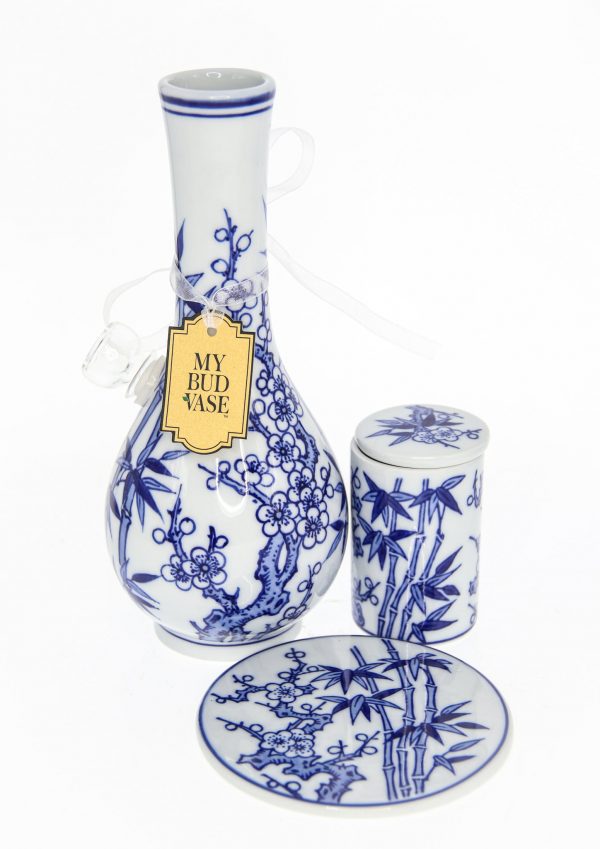 A front view of the “My Bud Vase "Luck" Porcelain Vase Bong” showcasing its detailed floral porcelain design against a white background.