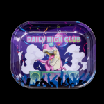 A rolling tray featuring a cartoon Tyrannosaurus Rex performing at a concert with a crowd of silhouetted figures, branded with "DAILY HIGH CLUB" in vibrant lettering.