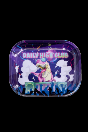 A rolling tray featuring a cartoon Tyrannosaurus Rex performing at a concert with a crowd of silhouetted figures, branded with "DAILY HIGH CLUB" in vibrant lettering.