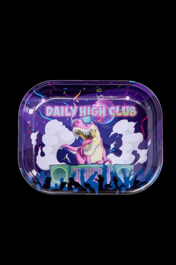 A rolling tray featuring a cartoon Tyrannosaurus Rex performing at a concert with a crowd of silhouetted figures, branded with "DAILY HIGH CLUB" in vibrant lettering.