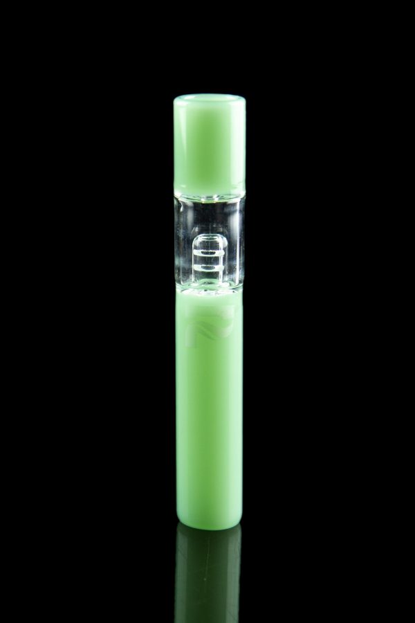 Green glass bubbler with a clear central chamber, isolated on a black background.