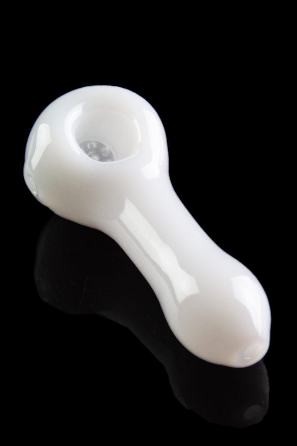 White glass smoking pipe with a reflective surface.
