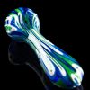 Hand-blown glass pipe with swirling blue, green, and white patterns against a black background.