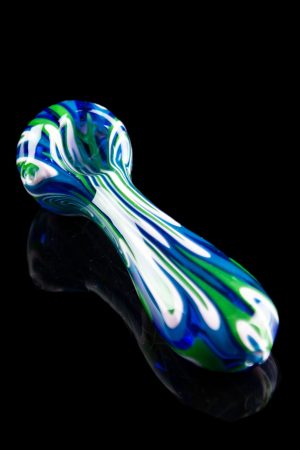 Hand-blown glass pipe with swirling blue, green, and white patterns against a black background.