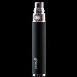 Black "Ghost" branded vaporizer pen with a colorful glass mouthpiece, reflecting on a dark surface.
