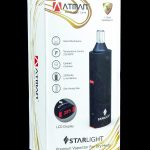 Close-up of a black “Starlight” premium dry herb vaporizer with packaging displaying features like temperature control, ceramic chamber, and LCD display.