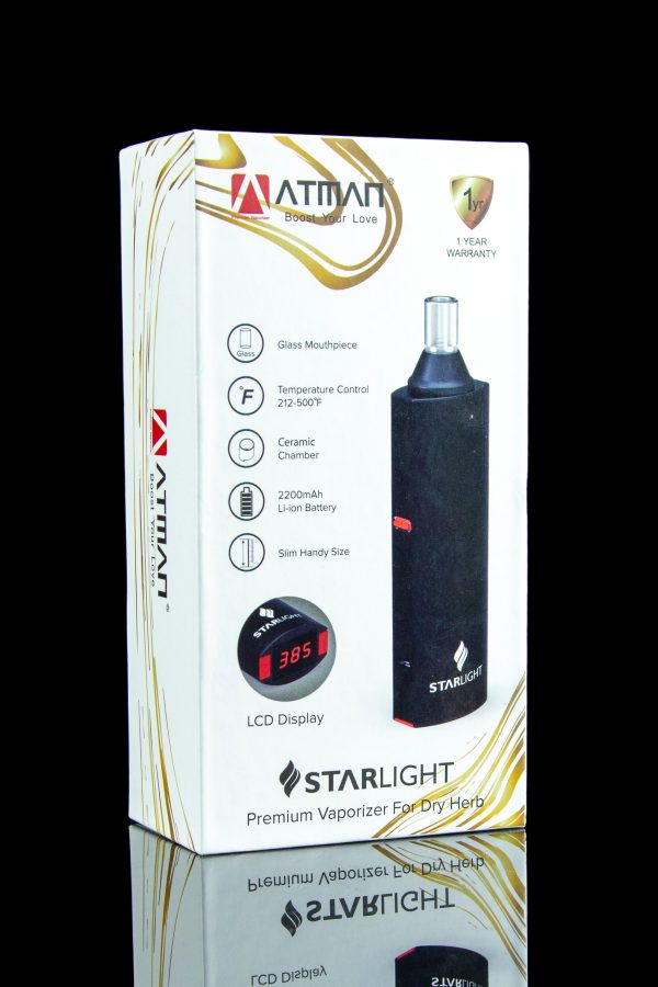 Close-up of a black “Starlight” premium dry herb vaporizer with packaging displaying features like temperature control, ceramic chamber, and LCD display.
