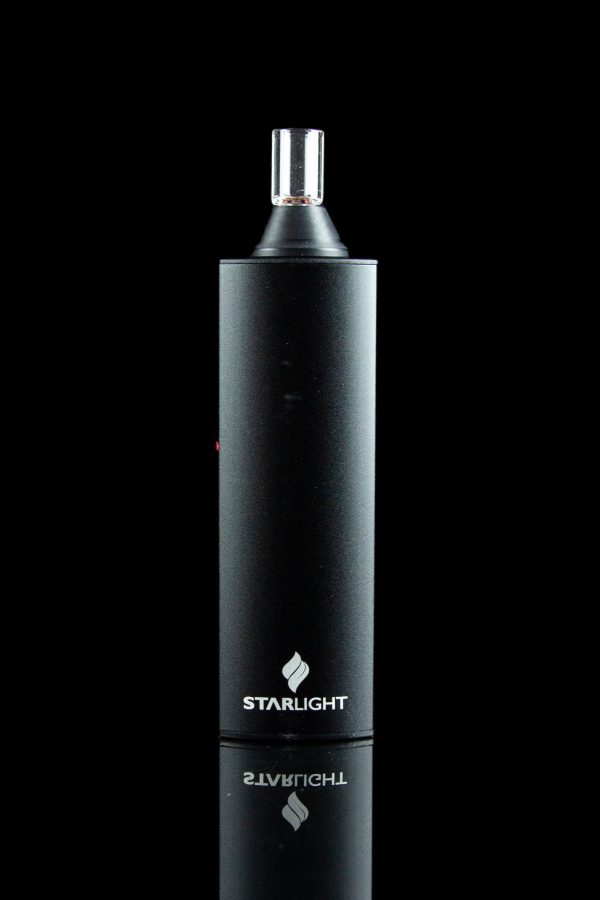 Black Starlight cannabis vaporizer pen with a glass mouthpiece.