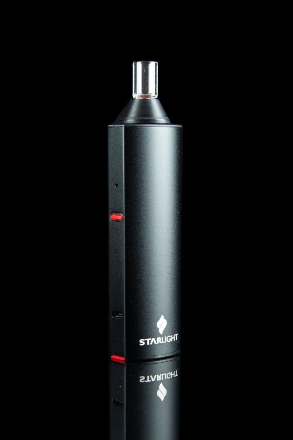 Black Starlite vaporizer pen with a glass mouthpiece, displayed against a dark background.