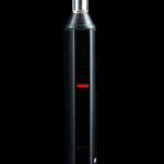 Black cannabis vaporizer pen with red indicator lights against a dark background.