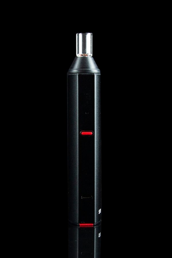 Black cannabis vaporizer pen with red indicator lights against a dark background.