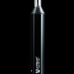 Black cannabis vape pen with metallic red and white branding.