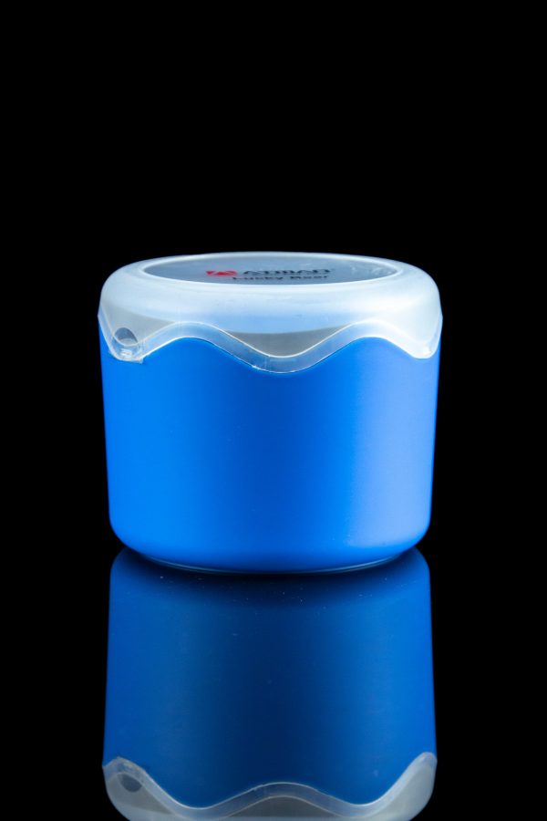 Blue silicone storage container with a reflective surface, likely for cannabis concentrates.