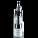 Silver and white cannabis oil vaporizer pen with clear tank, isolated on black.