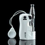 White electronic dab rig with glass mouthpiece and lanyard, reflected on a glossy black surface.