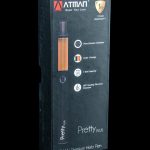 Close-up of a black and red ATMAN Pretty Plus cannabis pen packaging box, highlighting features like ceramic chamber and 1.6ml capacity.