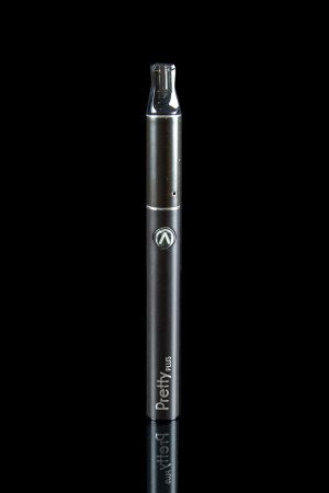Black cannabis vape pen with “Pretty Plus” branding.