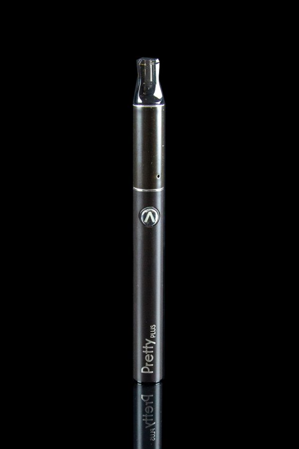 Black cannabis vape pen with “Pretty Plus” branding.