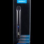 Black cannabis vaporizer pen in a branded box with product features listed.