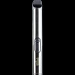 Sleek silver cannabis vape pen against a black background.