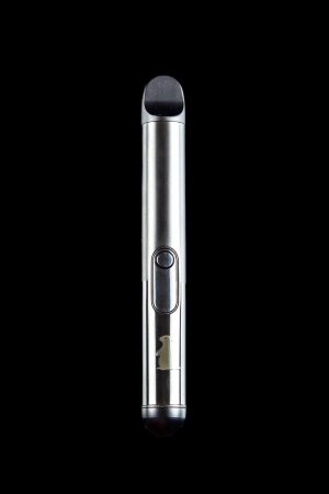 Sleek silver cannabis vape pen against a black background.
