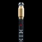 Clear glass cannabis oil burner pipe with gold accents and red detailing, isolated on black.
