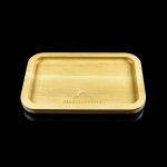 Wooden rolling tray with “Canada Puffin” logo, isolated on black.