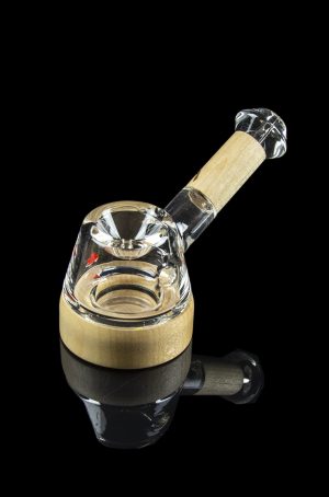 Glass bubbler with a wooden mouthpiece, isolated on black.
