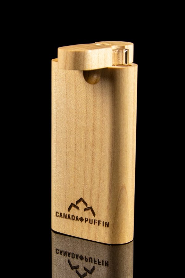 Wooden lighter with "Canada Puffin" logo and reflective surface.