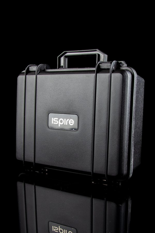 Black, hard-shell case with “ispire” logo, designed for cannabis accessories.