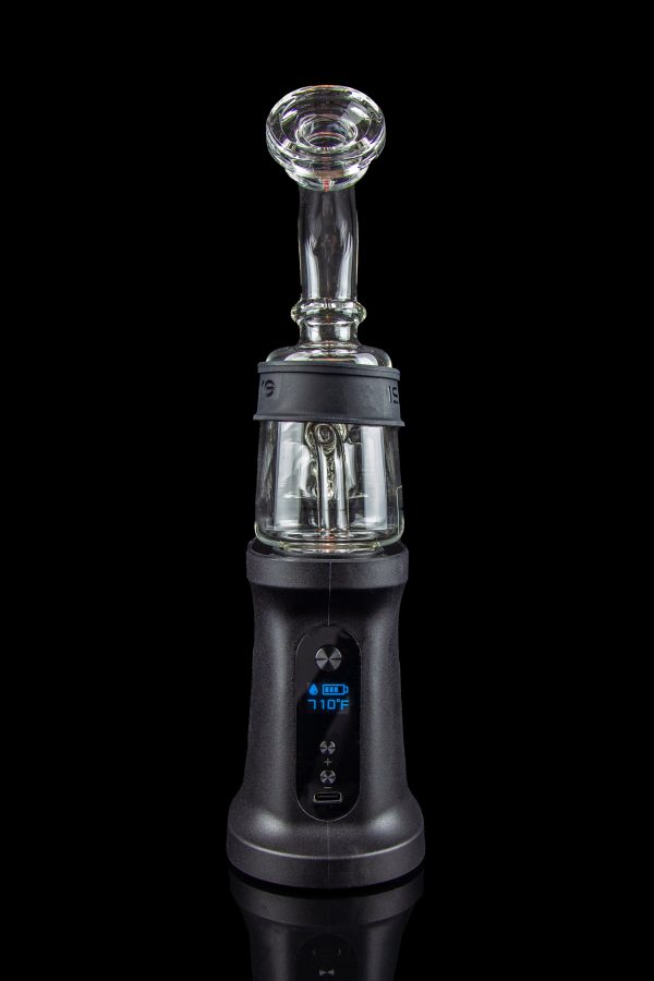 Black cannabis e-rig with a glass water pipe attachment, displaying a temperature of 710°F on its digital screen.