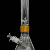 Glass water pipe (bong) with a flared base and intricate percolator, featuring an orange accent band and a clear glass bowl.