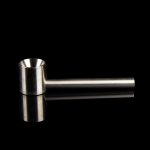 Silver one-hitter pipe with reflective surface against a black background.