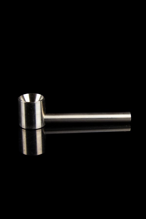 Silver one-hitter pipe with reflective surface against a black background.