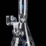Clear glass bong with blue accents and a glass bowl, isolated on a black background.